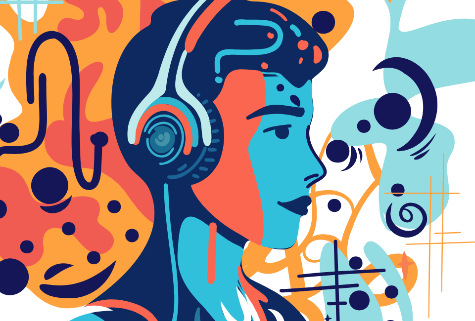 Imagen de una mujer con auriculares, dibujada con estética de IA generativa